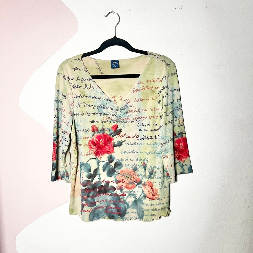 Vtg Y2k 2000s Script Artsy Top XL Floral Lettuce Hem Fairy Art To Wear